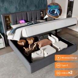 Super King Linen Hydraulic Storage Bed With Usb-C & Large Storage - thumbnail 3