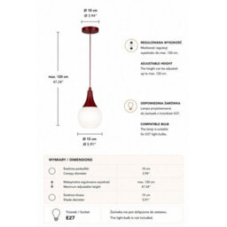 Luminosa Lighting Luminosa Lacrima Slim Pendant Ceiling Light Burgundy White Glass Shade 1X E27 - thumbnail 4
