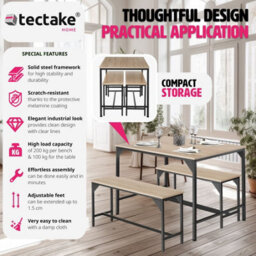Tectake Dining Table Set Bolton - 3-Piece, 2 Benches - Industrial Wood Light, Oak Sonoma - thumbnail 2
