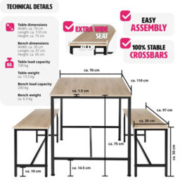 Tectake Dining Table Set Bolton - 3-Piece, 2 Benches - Industrial Wood Light, Oak Sonoma - thumbnail 6