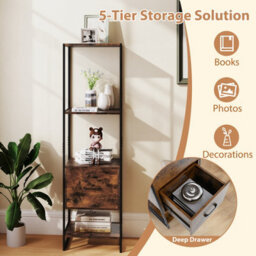 Costway 5-Tier Bookshelf With Drawer Tall Narrow Bookcase With Shelves - thumbnail 4