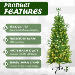Costway 5Ft Pre-Lit Artificial Christmas Tree Hinged Pencil Xmas Tree W/ 150 Warm Lights - thumbnail 5