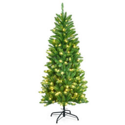 Costway 5Ft Pre-Lit Artificial Christmas Tree Hinged Pencil Xmas Tree W/ 150 Warm Lights - thumbnail 1