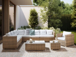 Beliani Garden Lounge Set With Table 8 Seater Xxl Right Hand Modular Pe Rattan Light Brown - thumbnail 2