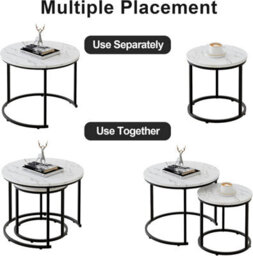 Huhote Sleek Round Coffee Table 2 Set Nesting Side Tables With Black Metal Frame End Table For Home Office Diameter 23.6/15.7 In - thumbnail 7