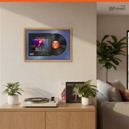 "AK Frames 25X17"" Oak Modern Vinyl Record Frame With Blue Mount For 12 Inch Lp Cover & Disc - Overlapped Design" - thumbnail 5
