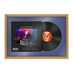 "AK Frames 25X17"" Oak Modern Vinyl Record Frame With Blue Mount For 12 Inch Lp Cover & Disc - Overlapped Design" - thumbnail 1