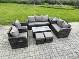 Fimous Rattan Garden Furniture Set Rattan Lounge Sofa Set With Rectangular Coffee Table Side Table 2 Small Footstools - thumbnail 2