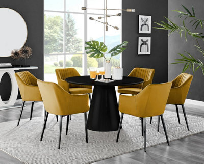 Furniturebox Uk Palma Black Semi Gloss Round Pedestal Dining Table & 6 Mustard Velvet Calla Black Leg Chairs