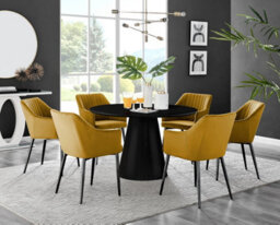 Furniturebox Uk Palma Black Semi Gloss Round Pedestal Dining Table & 6 Mustard Velvet Calla Black Leg Chairs - thumbnail 1