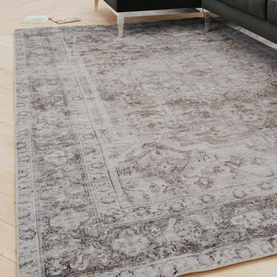 Loomed Oriental Design Cotton Chenille Rug Grey Beige Machine Washable 280Cm X 380Cm - image 1
