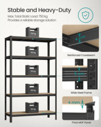 Songmics 5-Tier Shelving Unit, Steel Shelving Unit For Storage, Tool-Free Assembly, For Garage, Shed, Load Capacity 875 Kg - thumbnail 4