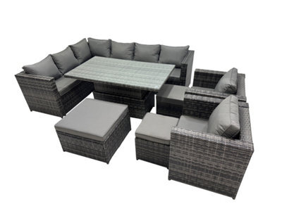 Fimous 11-Seater Height Adjustable Rising Lifting Table Corner Sofa Set Rattan Garden Furniture Set With 3 Stool Dark Grey Mixed - image 1