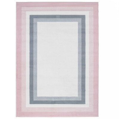 Loomed Blush Pink Grey Bordered Living Room Rug 160X230Cm - image 1