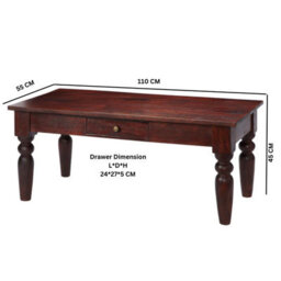 Rajwada Dark Mango Wood Coffee Table With Drawer And Brass Handle - thumbnail 3