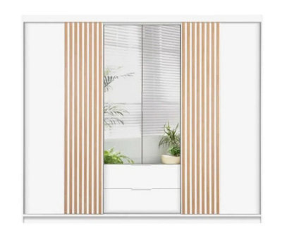 Arte Mallorca 250 Sliding Wardrobe In White - Mirrored Doors With Decorative Vertical Lamelas - image 1