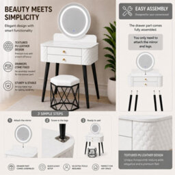 Sliding Wardrobes 4 u LTD Luxury Dressing Table With Led Touch Mirror & Upholstered Stool - White (60 X 40 X 127Cm) - thumbnail 2