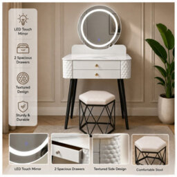 Sliding Wardrobes 4 u LTD Luxury Dressing Table With Led Touch Mirror & Upholstered Stool - White (60 X 40 X 127Cm) - thumbnail 4