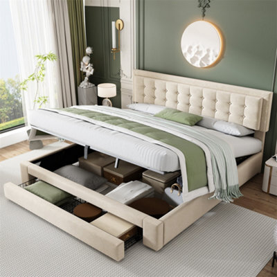 Abrihome King Size Bed-5Ft(150X200Cm), Velvet Fabric, Large Storage Space, With Slats And Headboard, Without Mattress, Cream - image 1