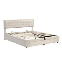 Abrihome King Size Bed-5Ft(150X200Cm), Velvet Fabric, Large Storage Space, With Slats And Headboard, Without Mattress, Cream - thumbnail 7