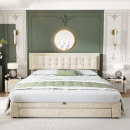 Abrihome King Size Bed-5Ft(150X200Cm), Velvet Fabric, Large Storage Space, With Slats And Headboard, Without Mattress, Cream - thumbnail 9