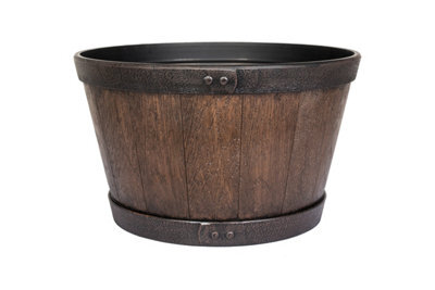 Plant Avenue Lightweight Recycled Plastic Garden Pot Planter With Drainage Holes Oban Whiskey Barrel - L45 X W45 X H26 Cm - Dark Oak - image 1