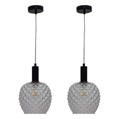First Choice Lighting Set Of 2 Baine - Clear Textured Glass Black Deco Pendant Fittings - image 1