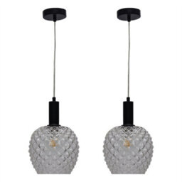 First Choice Lighting Set Of 2 Baine - Clear Textured Glass Black Deco Pendant Fittings - thumbnail 1