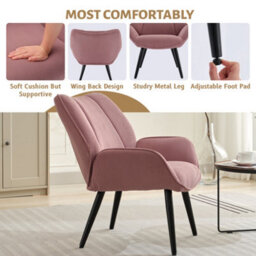 Modern Corduroy Wingback Accent Chair, Upholstered High Back Reading Armchair With Flared Arms, Solid Wood & Metal Legs, Pink - thumbnail 6