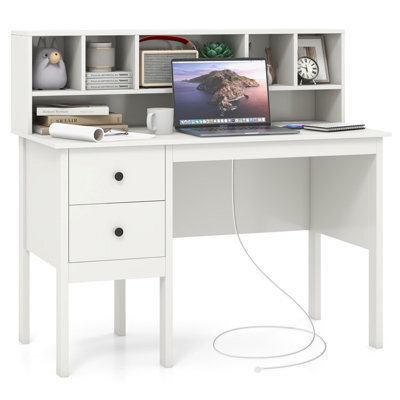 Gainoom White Computer Desk 120 Cm Writing Desk With Power Outlets & Drawers - image 1