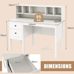 Gainoom White Computer Desk 120 Cm Writing Desk With Power Outlets & Drawers - thumbnail 2