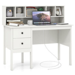 Gainoom White Computer Desk 120 Cm Writing Desk With Power Outlets & Drawers - thumbnail 1