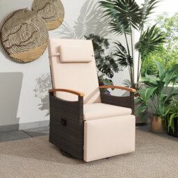 Gainoom Outdoor Swivel Rattan Recliner Chair Brown Patio Wicker Chaise Lounge Chair Push Back Reclining Chair - thumbnail 9