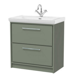 Balterley Longnor Modern Bathroom Floor Standing 2-Drawer Vanity Unit With Fireclay Basin, Fern Green, 800mm - thumbnail 1