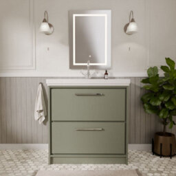 Balterley Longnor Modern Bathroom Floor Standing 2-Drawer Vanity Unit With Fireclay Basin, Fern Green, 800mm - thumbnail 2