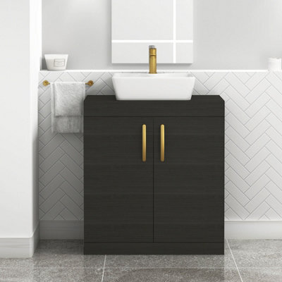 Royal Bathrooms Turin 800mm Floor Standing Vanity Unit 2 Door Hale Black & Countertop Basin - Cube With Brushed Brass Handle - image 1