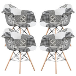 Life Interiors Set Of 4 Black/white Patchwork Accent Chairs With Wooden Legs And Black Metal Wire Frame - thumbnail 1