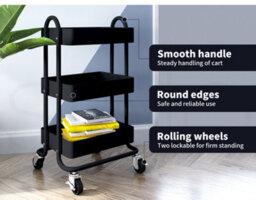 Levede 3 Tier Kitchen Trolley Cart Black Steel Storage Rack Organiser - thumbnail 5