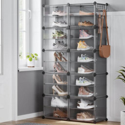 Large Shoe Storage Cabinet, Modular Plastic Organizer, Interlocking Unit With Doors, Steel Frame, Slate Grey