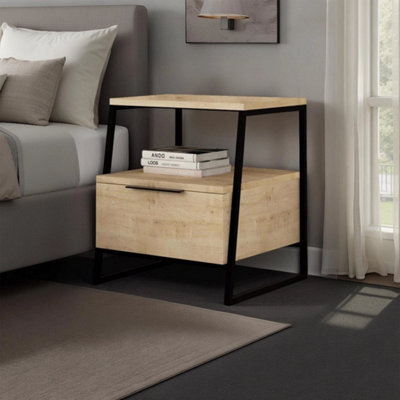 Oak 1 Door Bedside Table Nightstand Black Metal Frame - image 1