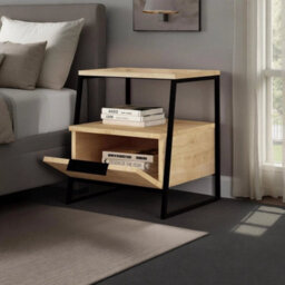 Oak 1 Door Bedside Table Nightstand Black Metal Frame - thumbnail 3