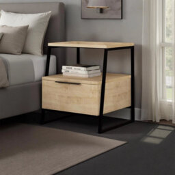 Oak 1 Door Bedside Table Nightstand Black Metal Frame - thumbnail 1