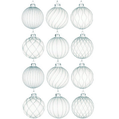 Shatchi Christmas Glass Baubles 12Pcs Set - 8Cm White Ornaments With 6 Unique Festive Designs - image 1