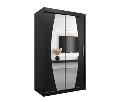 Arte Elypse Contemporary 2 Mirrored Sliding Door Wardrobe 5 Shelves 2 Rails Black (H)2000mm (W)1200mm (D)620mm - image 1