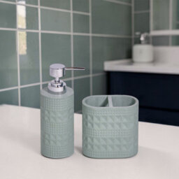 Showerdrape Maison Soft Green Shimmer Bathroom Accessory Set - Soap Dispenser & Toothbrush Holder