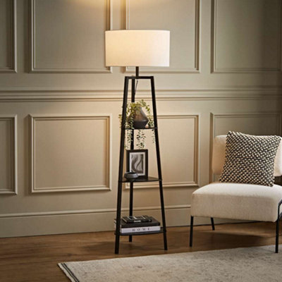 Valuelights Hiru Black 3 Tier Shelf Floor Lamp With Black Drum Shade - image 1