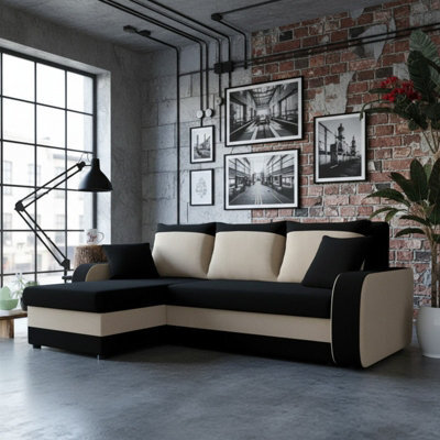 Kris M Corner Sofa Bed With Storage Ottoman Polyurethane Foam Wooden Frame Plastic Legs 238X147X80Cm Black And Cream - image 1