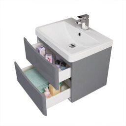 Sundaze 600mm Gloss Grey 2 Drawer Wall Hung Bathroom Cabinet Vanity Unit - thumbnail 3