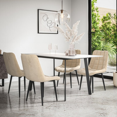 More4Homes Haydon Extending Dining Table + Chairs- White Marble Effect Table Top W Black Legs + Nova Velvet Dining Chair Set Of 4 (Beige) - image 1