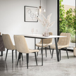 More4Homes Haydon Extending Dining Table + Chairs- White Marble Effect Table Top W Black Legs + Nova Velvet Dining Chair Set Of 4 (Beige)